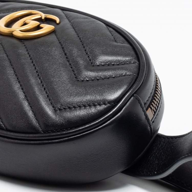 Pre Owned Gucci Black Matelassé  Leather GG Marmont Belt Bag