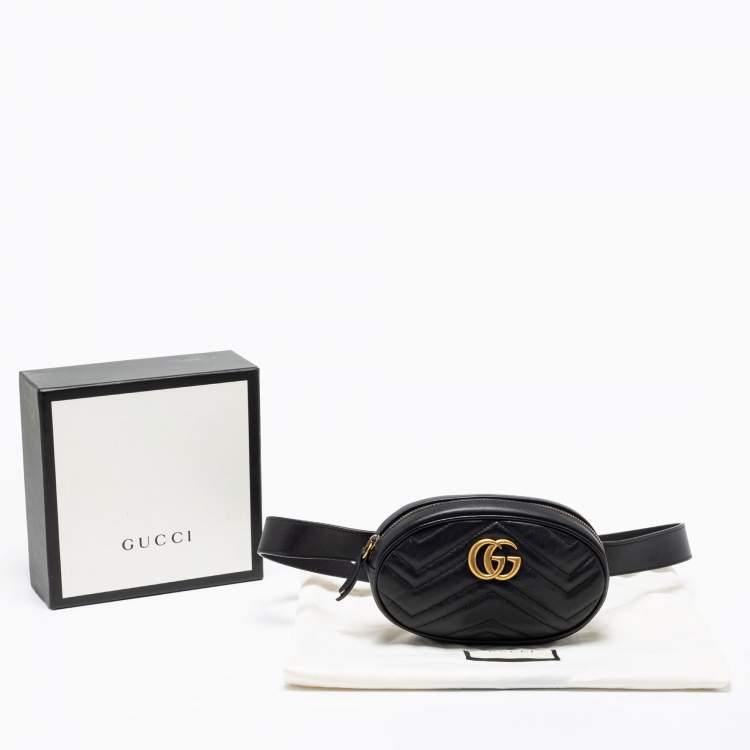 Pre Owned Gucci Black Matelassé  Leather GG Marmont Belt Bag
