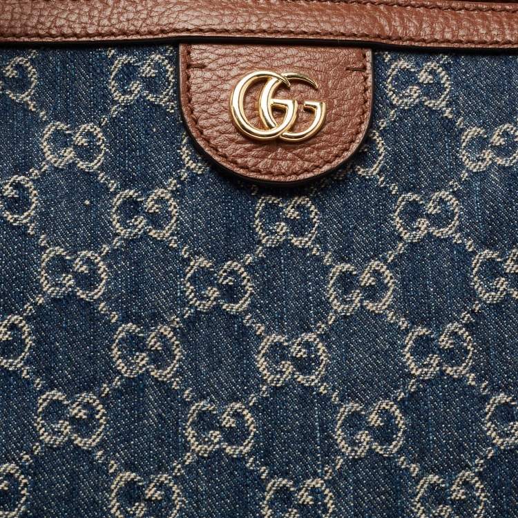 Pre Owned Gucci Blue/Brown GG Denim And Leather Medium Ophidia Tote