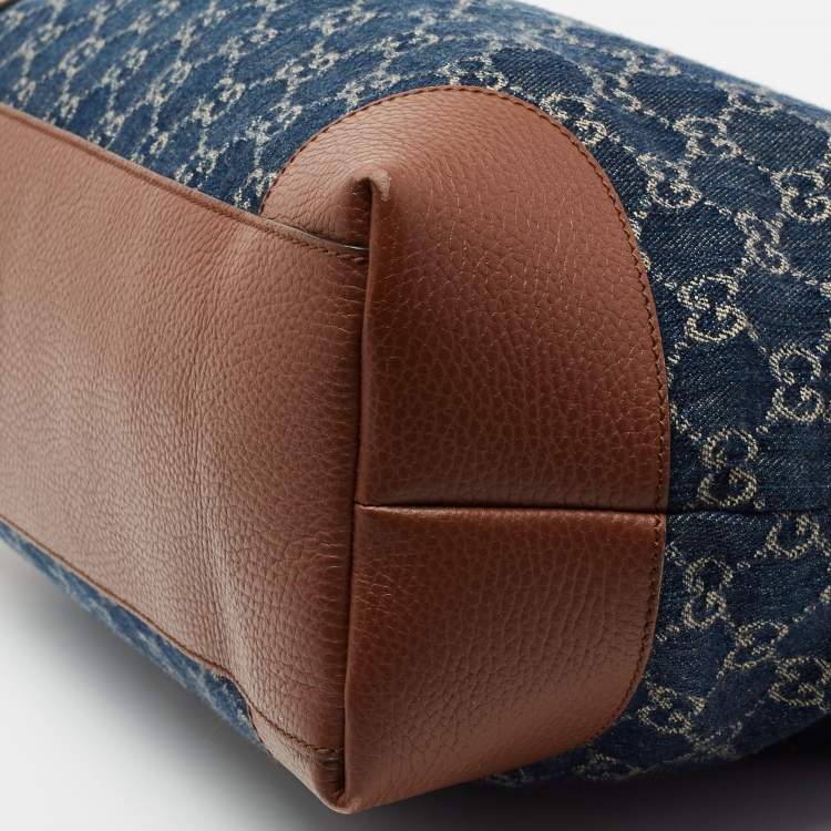 Pre Owned Gucci Blue/Brown GG Denim And Leather Medium Ophidia Tote