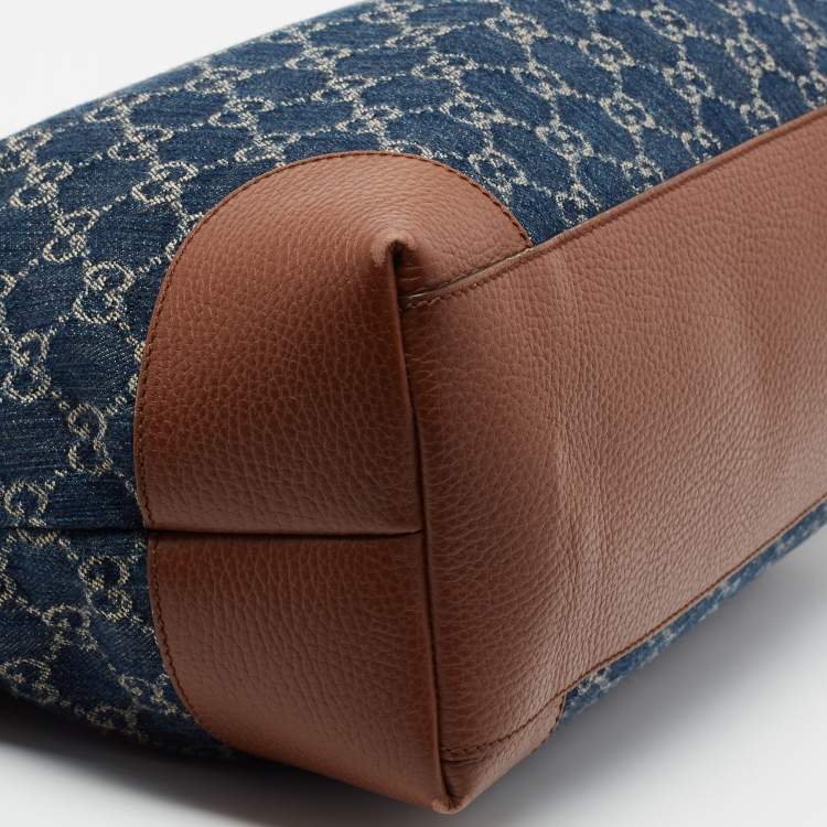Pre Owned Gucci Blue/Brown GG Denim And Leather Medium Ophidia Tote