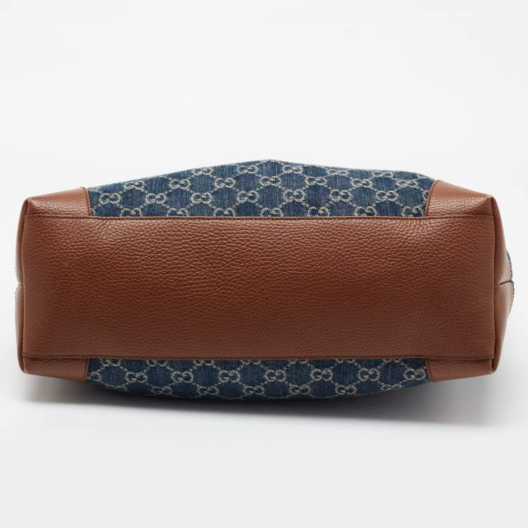 Pre Owned Gucci Blue/Brown GG Denim And Leather Medium Ophidia Tote