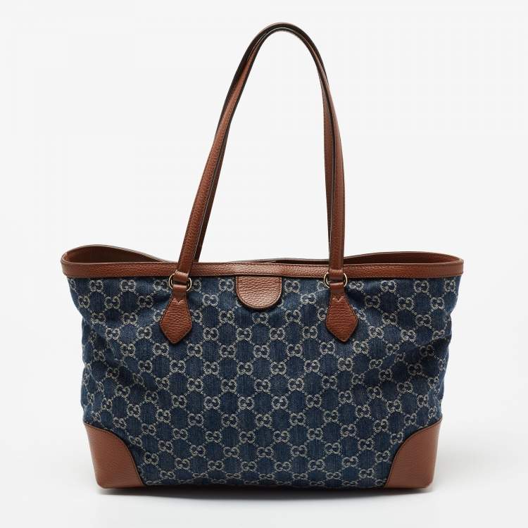 Pre Owned Gucci Blue/Brown GG Denim And Leather Medium Ophidia Tote