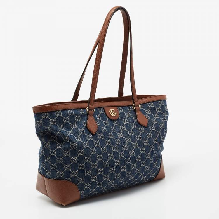 Pre Owned Gucci Blue/Brown GG Denim And Leather Medium Ophidia Tote