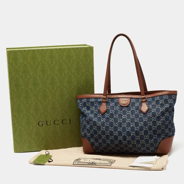 Pre Owned Gucci Blue/Brown GG Denim And Leather Medium Ophidia Tote