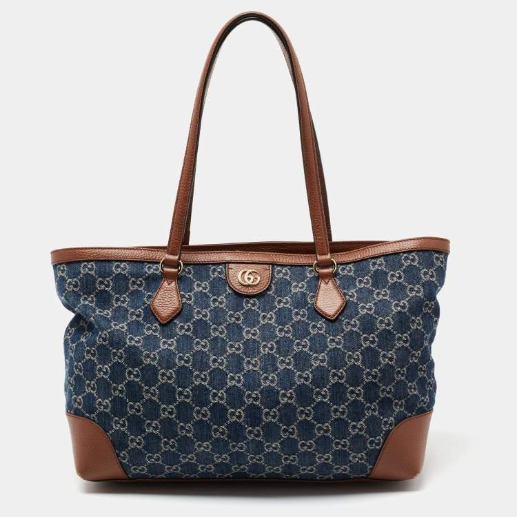 Pre Owned Gucci Blue/Brown GG Denim And Leather Medium Ophidia Tote