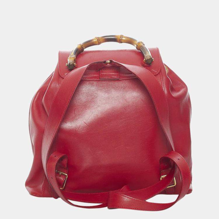 Pre Owned Gucci Red Leather Bamboo Backpack
