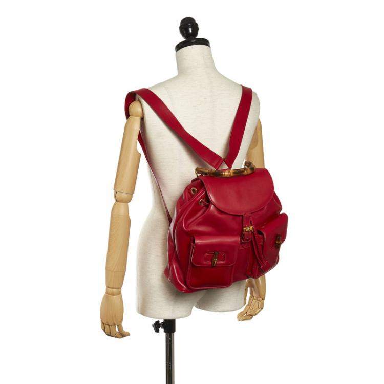 Pre Owned Gucci Red Leather Bamboo Backpack