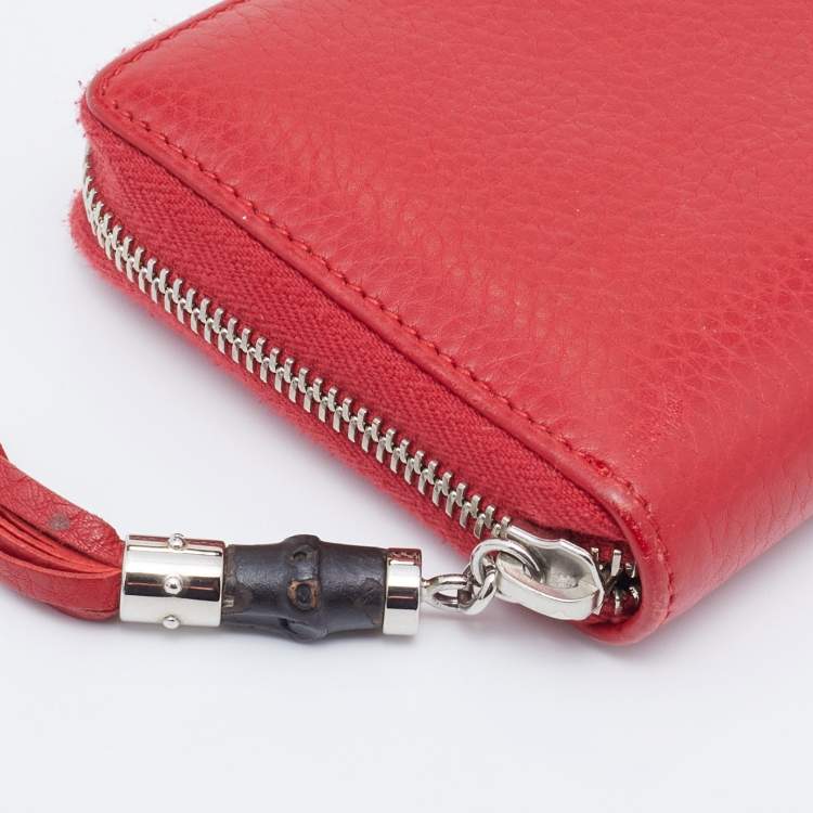 Pre Owned Gucci Red Leather Bamboo Tassel Zip Around Wallet