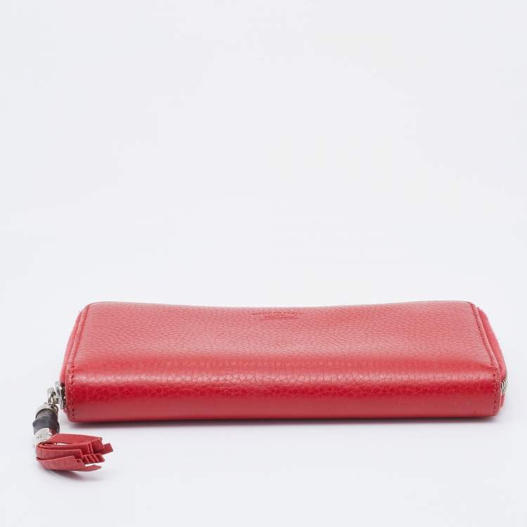 Pre Owned Gucci Red Leather Bamboo Tassel Zip Around Wallet