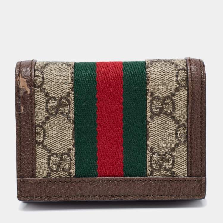 Pre Owned Gucci Beige/Brown GG Supreme Canvas and Leather Ophidia Compact Wallet