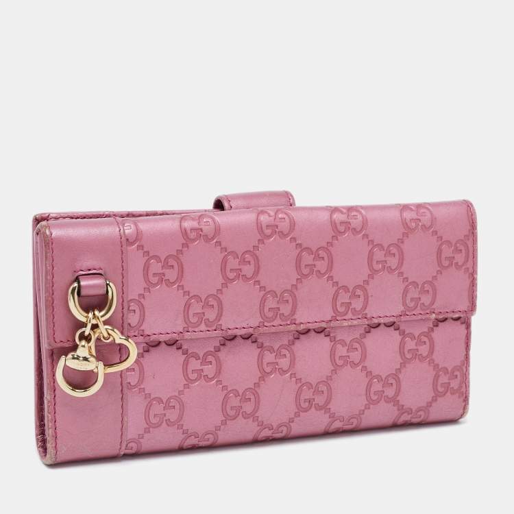 Pre Owned Gucci Metallic Pink Guccisima Leather Heart Charm Continental Wallet