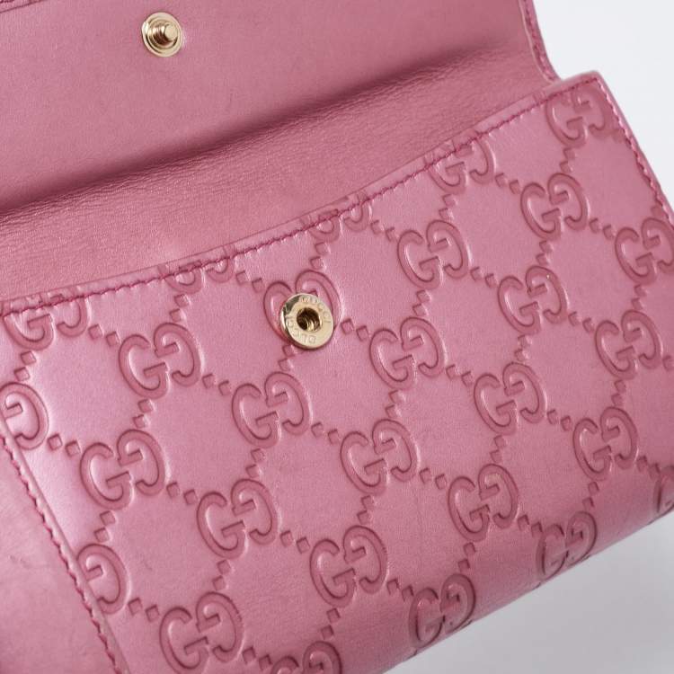 Pre Owned Gucci Metallic Pink Guccisima Leather Heart Charm Continental Wallet