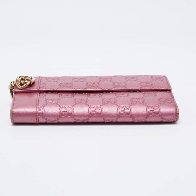 Pre Owned Gucci Metallic Pink Guccisima Leather Heart Charm Continental Wallet