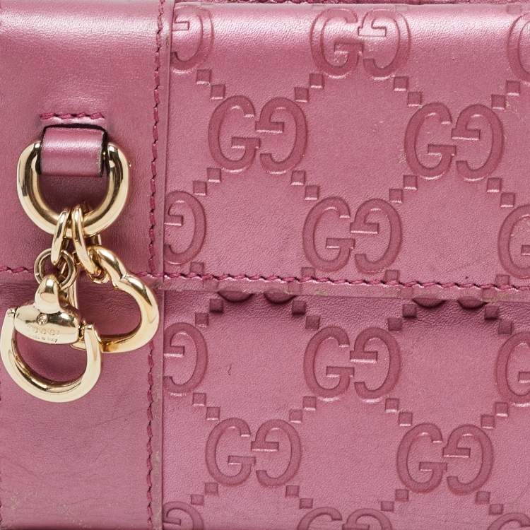 Pre Owned Gucci Metallic Pink Guccisima Leather Heart Charm Continental Wallet