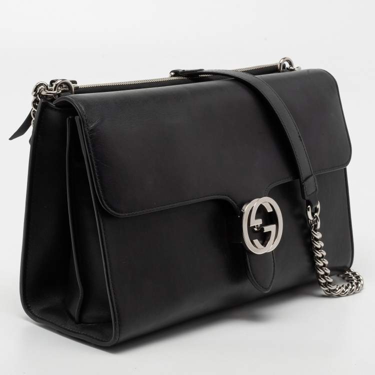 Pre Owned Gucci Black Leather Dollar Interlocking G Shoulder Bag