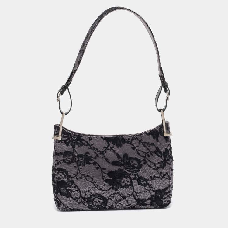 Pre Owned Gucci Grey/ Black Lace Shoulder Bag