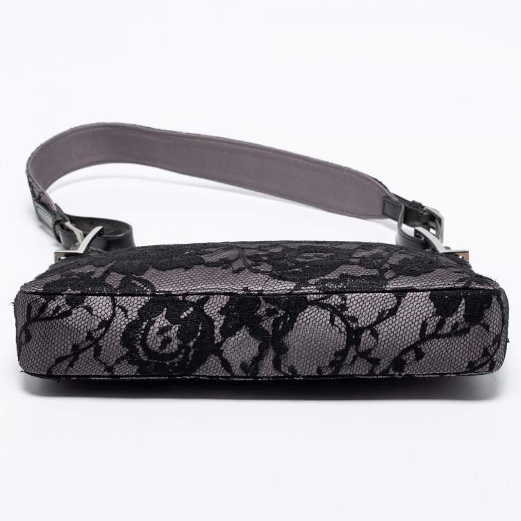 Pre Owned Gucci Grey/ Black Lace Shoulder Bag
