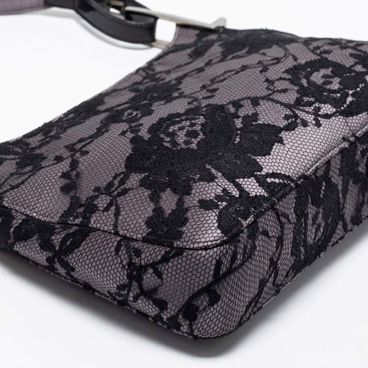 Pre Owned Gucci Grey/ Black Lace Shoulder Bag