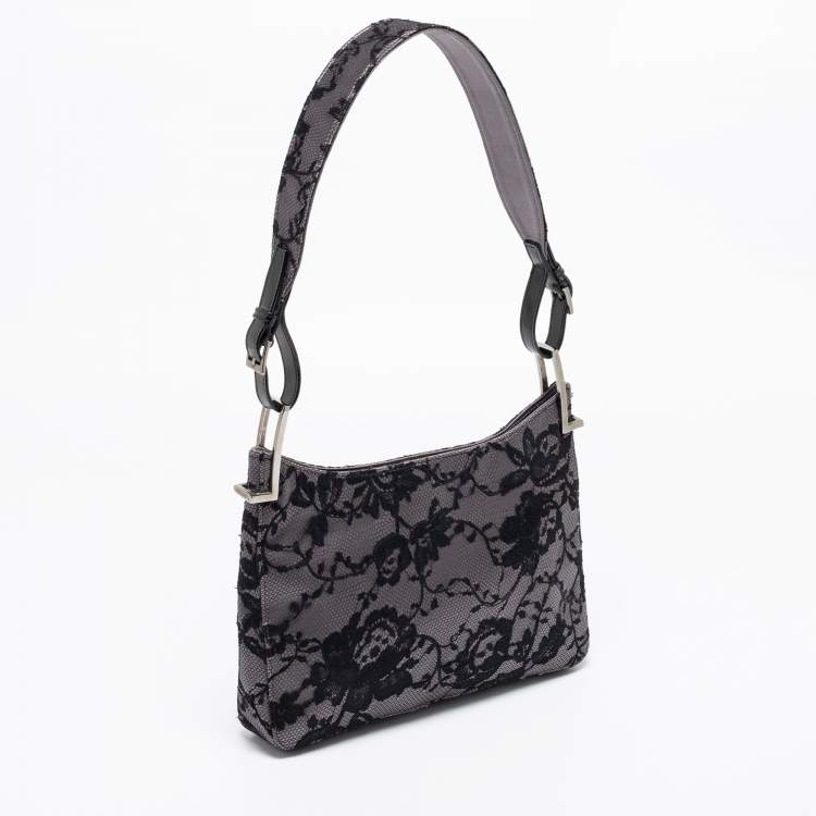 Pre Owned Gucci Grey/ Black Lace Shoulder Bag