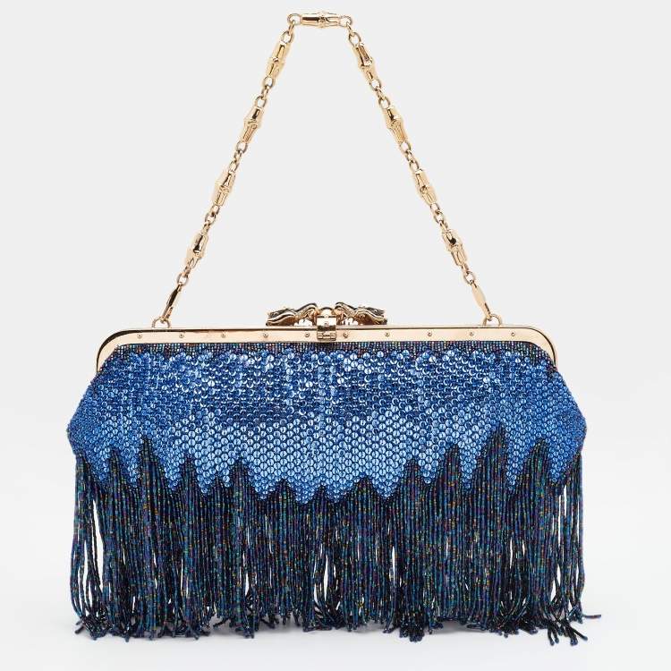 مملوكة مسبقًا Gucci Blue/Purple Crystal and Satin Fringe Dragon Embellished Evening Bag