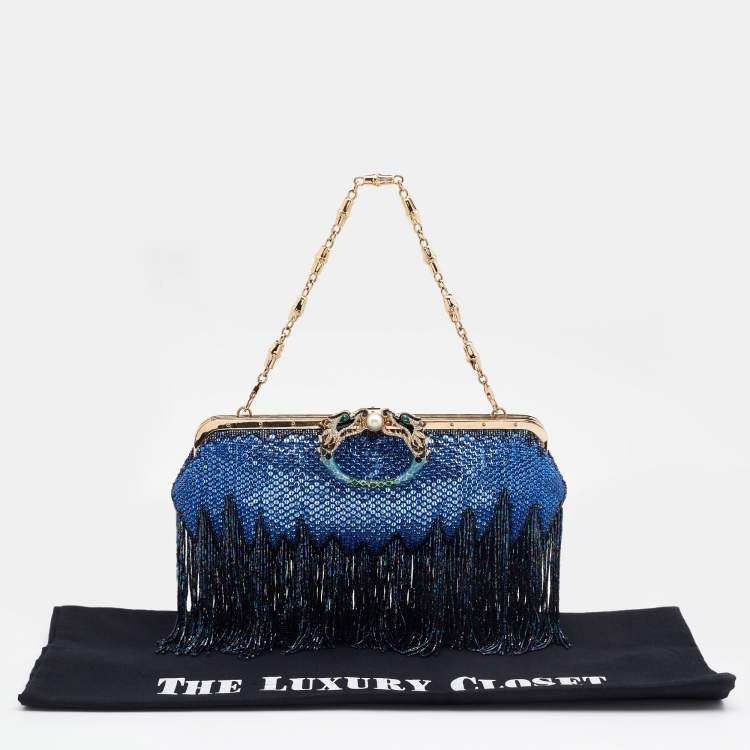 مملوكة مسبقًا Gucci Blue/Purple Crystal and Satin Fringe Dragon Embellished Evening Bag