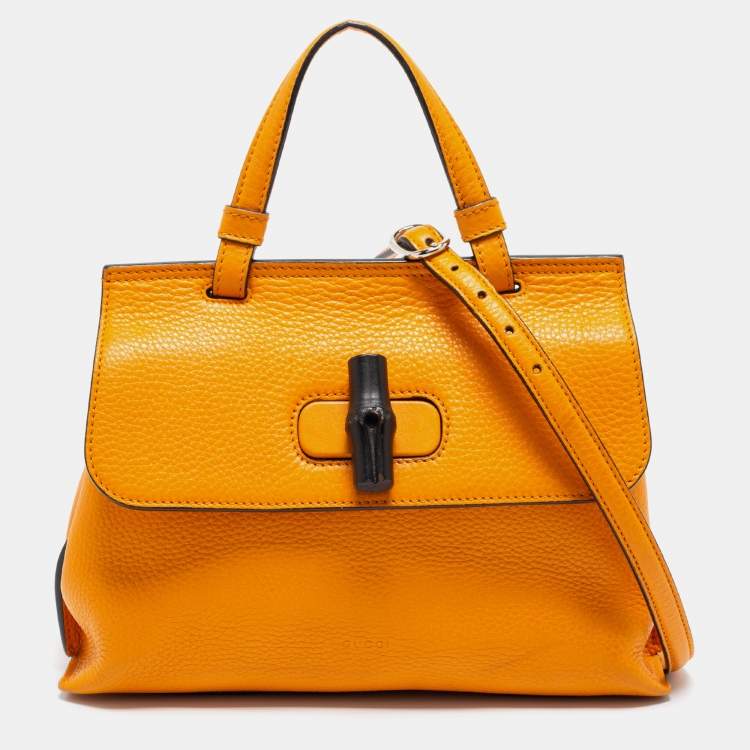 Pre Owned Gucci Tangerine Leather Small Bamboo Daily Top Handle Bag