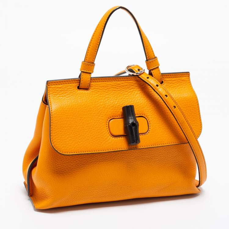 Pre Owned Gucci Tangerine Leather Small Bamboo Daily Top Handle Bag