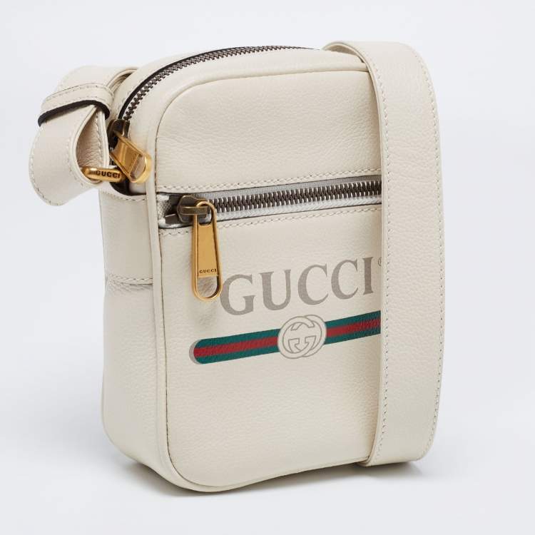 Pre Owned Gucci White Leather Logo Messenger Bag