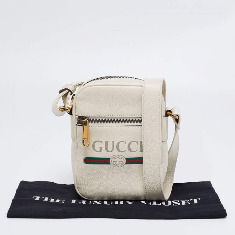 Pre Owned Gucci White Leather Logo Messenger Bag