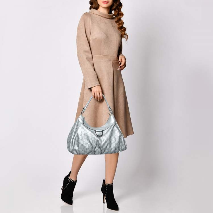 Pre Owned Gucci Silver Guccissima Leather Abbey D-Ring Large Hobo