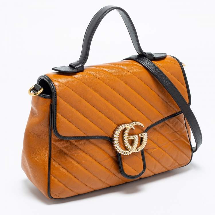 مملوكة مسبقًا Gucci Tan/Black Diagonal Quilted Leather GG Marmont Torchon Top Handle Bag