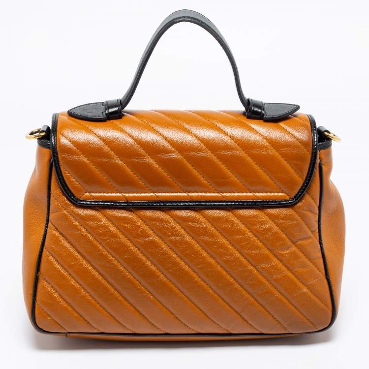 مملوكة مسبقًا Gucci Tan/Black Diagonal Quilted Leather GG Marmont Torchon Top Handle Bag