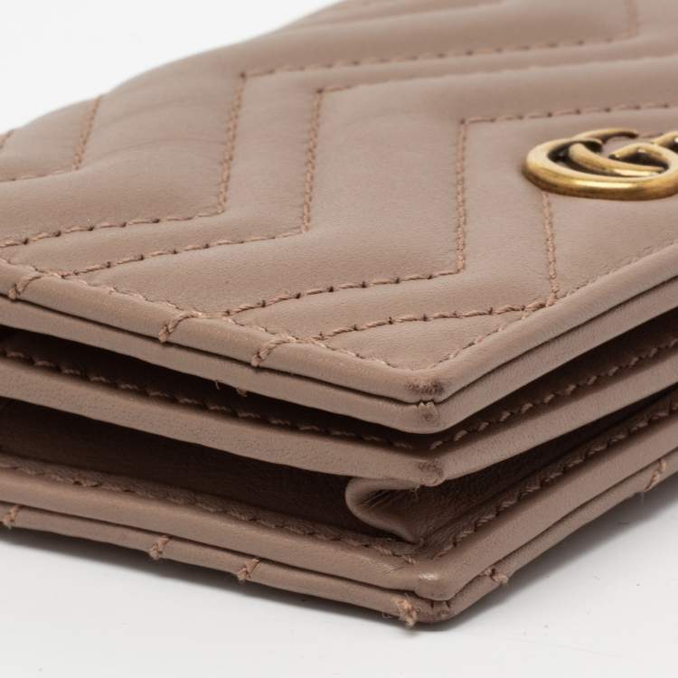 Pre Owned Gucci Dusty Pink Matelassé Leather GG Marmont Card Case