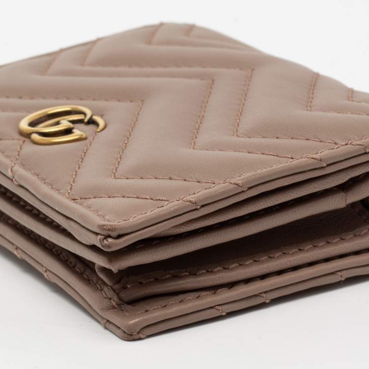 Pre Owned Gucci Dusty Pink Matelassé Leather GG Marmont Card Case