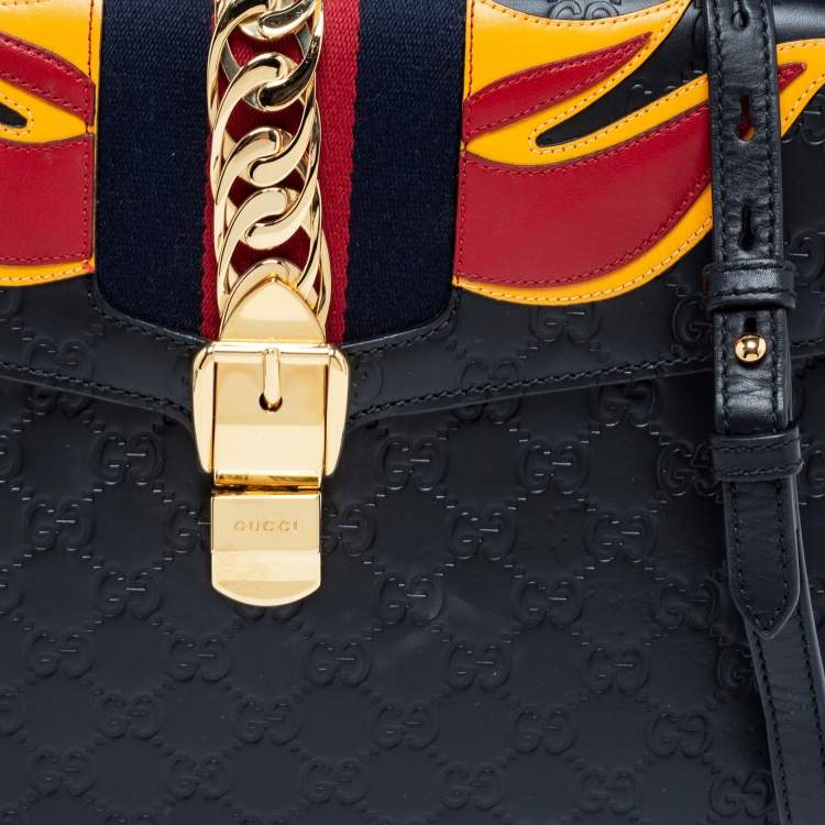 Pre Owned Gucci Black/Red Flame Leather Medium Sylvie  Top Handle Bag 