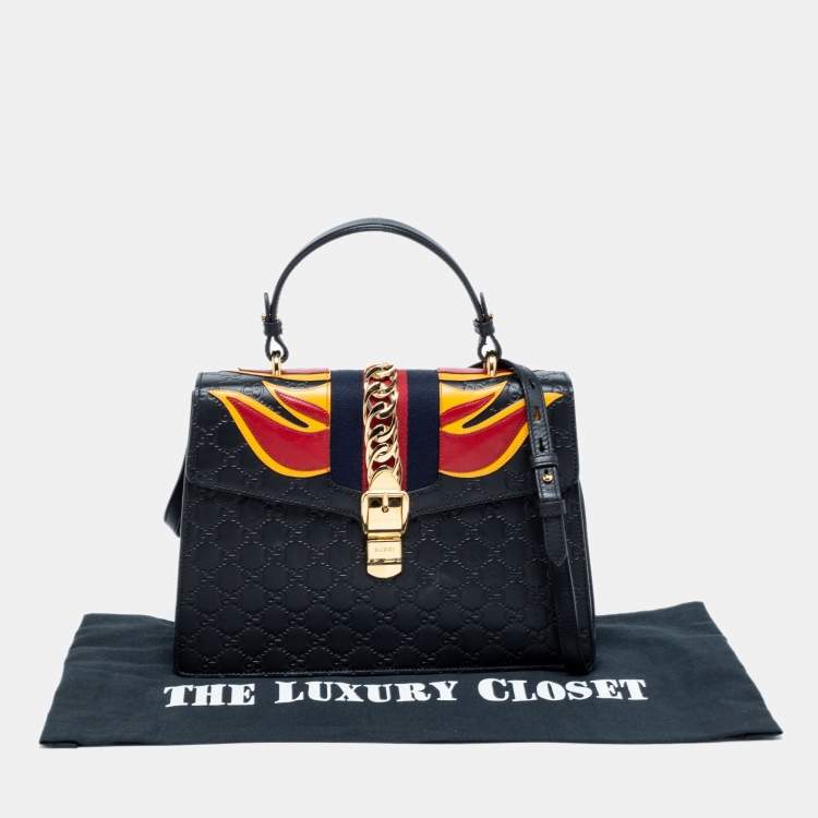 Pre Owned Gucci Black/Red Flame Leather Medium Sylvie  Top Handle Bag 