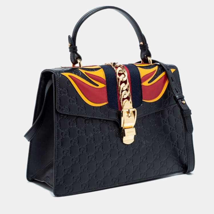 Pre Owned Gucci Black/Red Flame Leather Medium Sylvie  Top Handle Bag 