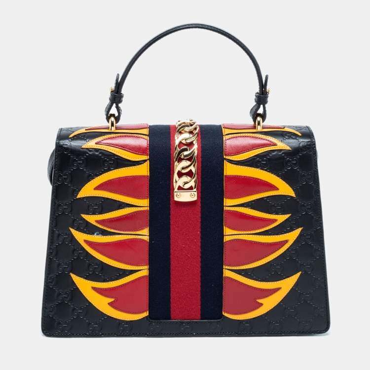 Pre Owned Gucci Black/Red Flame Leather Medium Sylvie  Top Handle Bag 