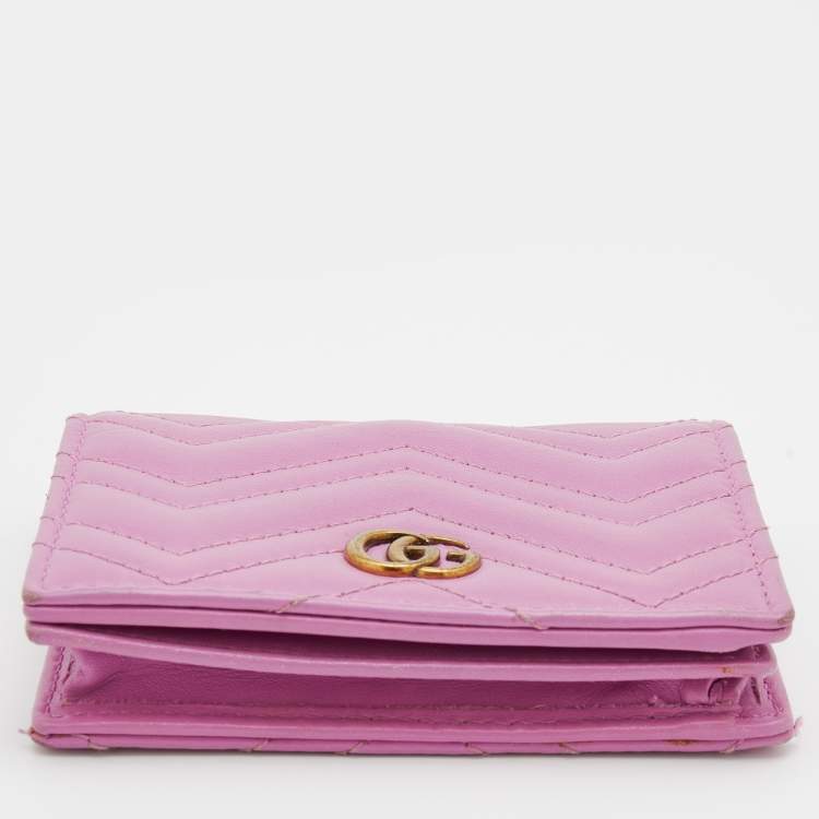 Pre Owned Gucci Pink Matelassé Leather GG Marmont Card Case