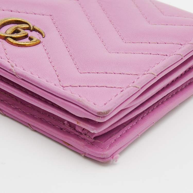 Pre Owned Gucci Pink Matelassé Leather GG Marmont Card Case
