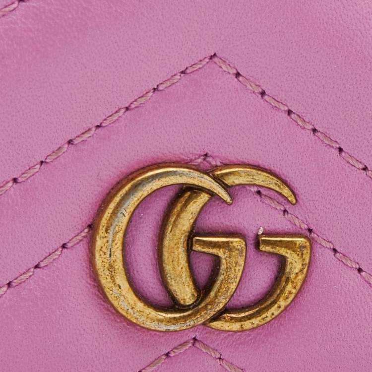 Pre Owned Gucci Pink Matelassé Leather GG Marmont Card Case