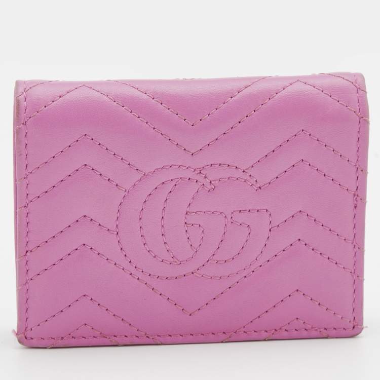 Pre Owned Gucci Pink Matelassé Leather GG Marmont Card Case