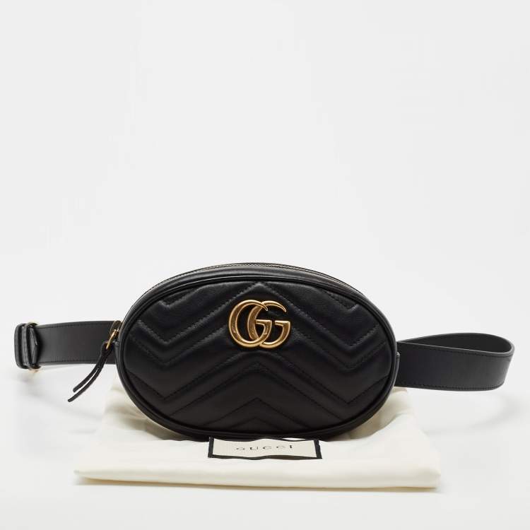 Pre Owned Gucci Black Quilted Leather GG Marmont Belt Bag