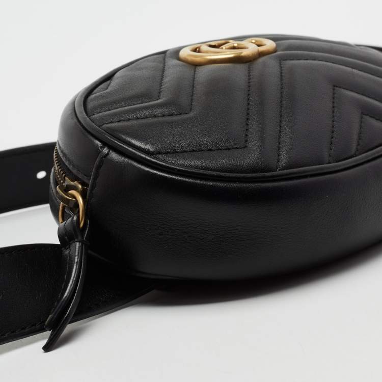 Pre Owned Gucci Black Quilted Leather GG Marmont Belt Bag