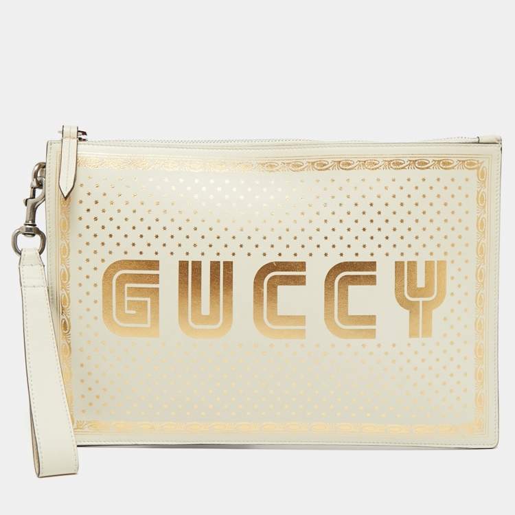 Pre Owned Gucci Off White/Gold Leather 'Guccy' Zip Wristlet Clutch