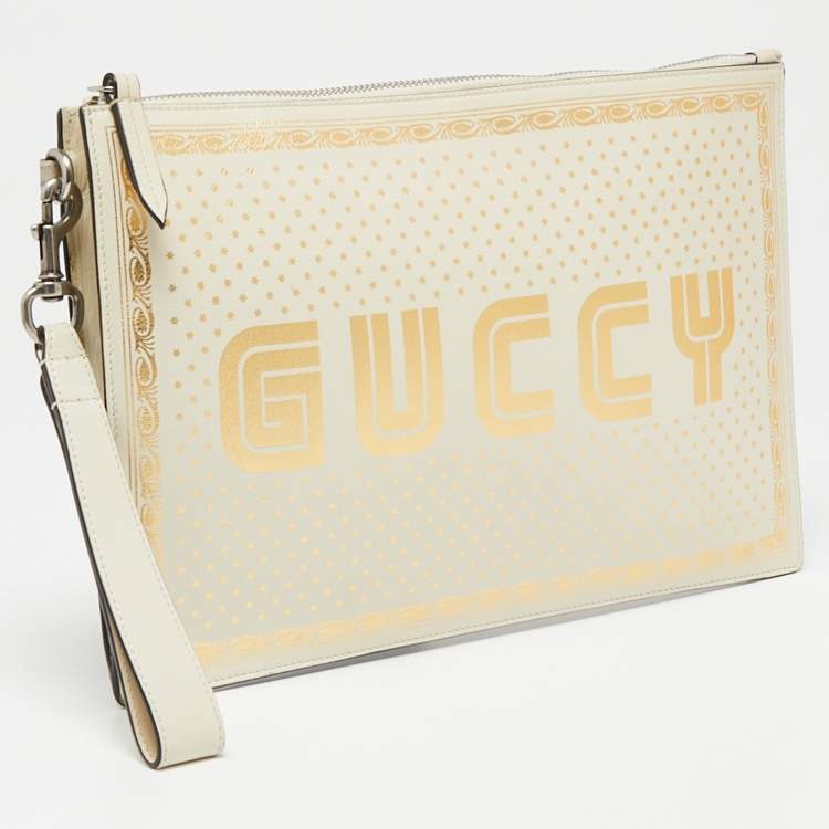 Pre Owned Gucci Off White/Gold Leather 'Guccy' Zip Wristlet Clutch