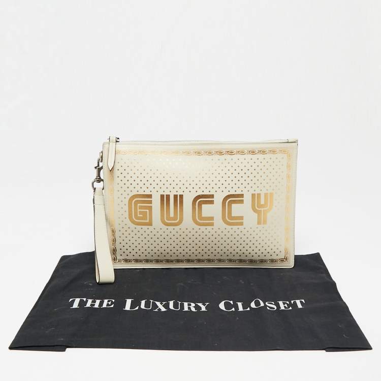 Pre Owned Gucci Off White/Gold Leather 'Guccy' Zip Wristlet Clutch