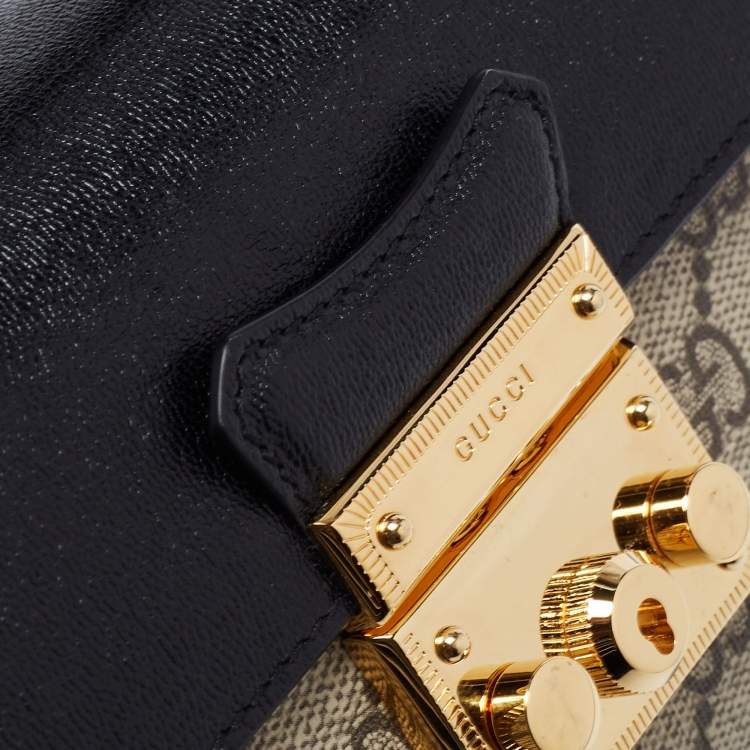 Pre Owned Gucci Beige/Black GG Supreme Canvas and Leather Mini Padlock Top Handle Bag