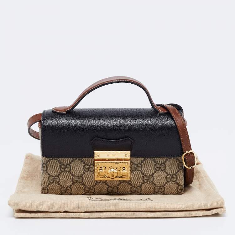Pre Owned Gucci Beige/Black GG Supreme Canvas and Leather Mini Padlock Top Handle Bag